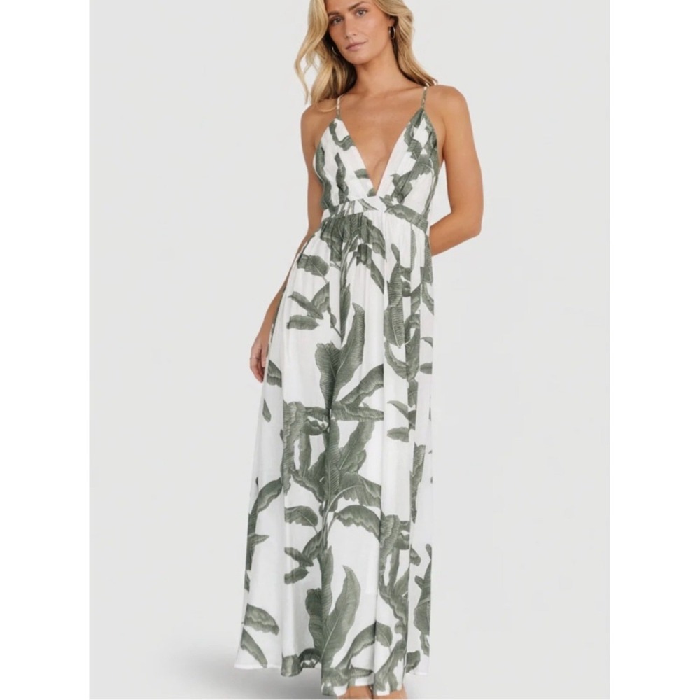 Baltic Born Tropical Leaf Print Maxi Dress Green White V-Neck Open Back Womens S